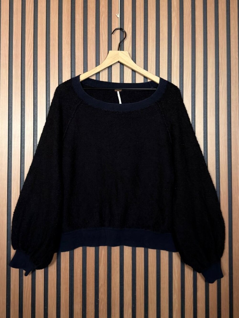 Free People Sweater Medium Womens Black French Terry Knit Oversized Boyfriend